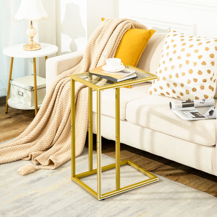 HOOBRO C Shaped End Table, Tempered Glass Gold Side Table, Under Sofa Table, Small Coffee Snack Table for Small Spaces, Laptop End Table for Living Room, Bedside Table, Metal Frame
