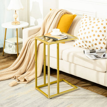 HOOBRO C Shaped End Table, Tempered Glass Gold Side Table, Under Sofa Table, Small Coffee Snack Table for Small Spaces, Laptop End Table for Living Room, Bedside Table, Metal Frame