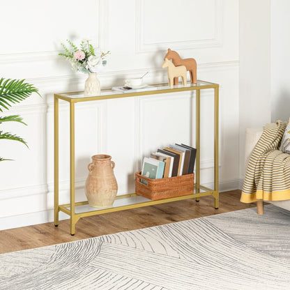 HOOBRO Console Table, 2-Tier Glass Console Table, Slim Hallway Table with 2 Shelves, 100x22x80 cm, Tempered Glass Sofa Table, Modern Display Table for Living Room, Small Space