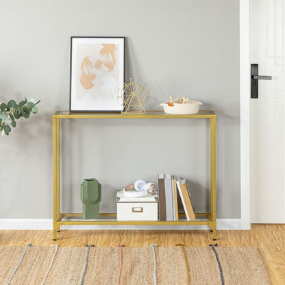 HOOBRO Console Table, 2-Tier Glass Console Table, Slim Hallway Table with 2 Shelves, 100x22x80 cm, Tempered Glass Sofa Table, Modern Display Table for Living Room, Small Space