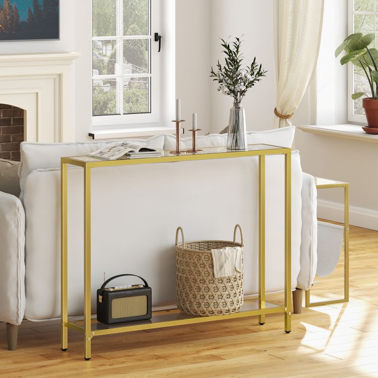 HOOBRO Console Table, 2-Tier Glass Console Table, Slim Hallway Table with 2 Shelves, 100x22x80 cm, Tempered Glass Sofa Table, Modern Display Table for Living Room, Small Space