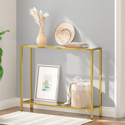 HOOBRO Console Table, 2-Tier Glass Console Table, Slim Hallway Table with 2 Shelves, 100x22x80 cm, Tempered Glass Sofa Table, Modern Display Table for Living Room, Small Space