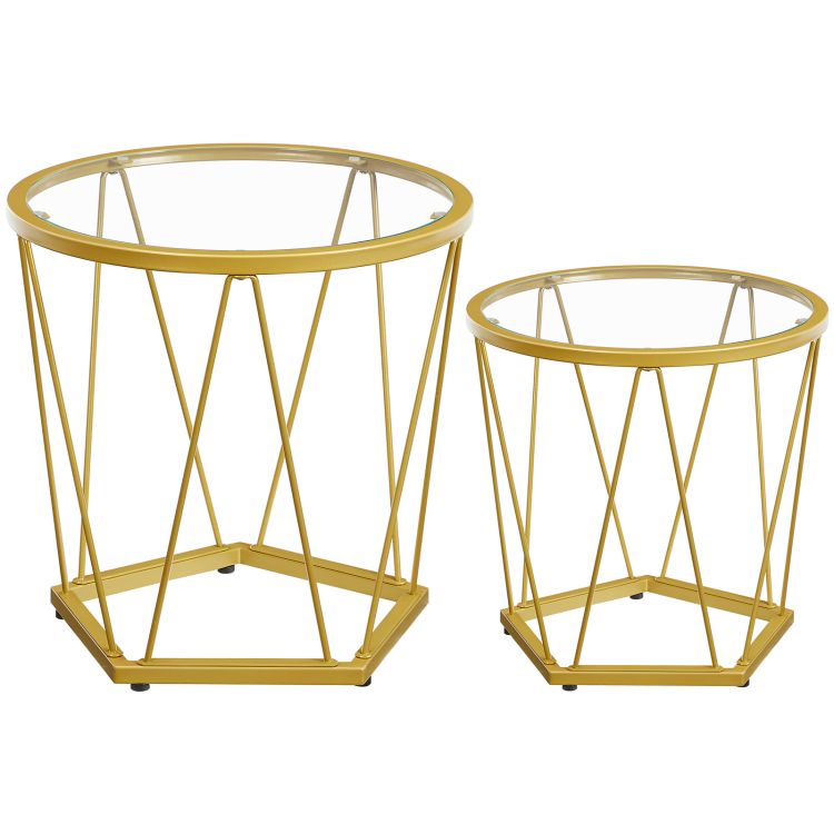 HOOBRO Round Nesting Coffee Table Set of 2, Gold Glass Coffee Table, Stackable Coffee Table for Living Room, Sofa Side Table with Metal Frame, Sofa Tea Table for Small Space