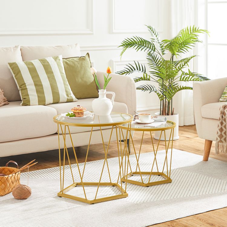 HOOBRO Round Nesting Coffee Table Set of 2, Gold Glass Coffee Table, Stackable Coffee Table for Living Room, Sofa Side Table with Metal Frame, Sofa Tea Table for Small Space