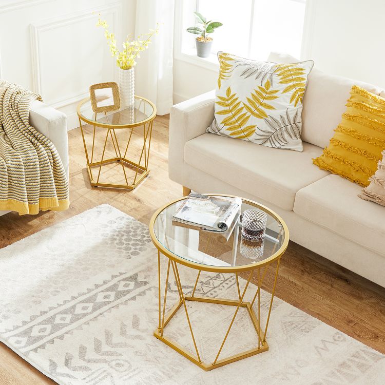 HOOBRO Round Nesting Coffee Table Set of 2, Gold Glass Coffee Table, Stackable Coffee Table for Living Room, Sofa Side Table with Metal Frame, Sofa Tea Table for Small Space
