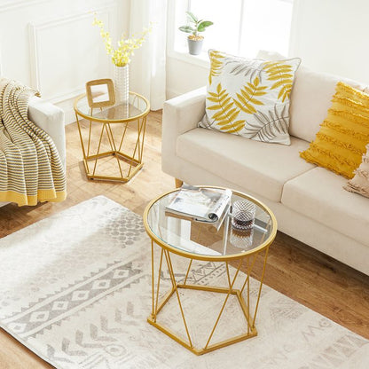 HOOBRO Round Nesting Coffee Table Set of 2, Gold Glass Coffee Table, Stackable Coffee Table for Living Room, Sofa Side Table with Metal Frame, Sofa Tea Table for Small Space