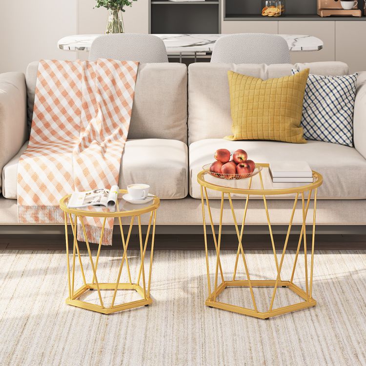 HOOBRO Round Nesting Coffee Table Set of 2, Gold Glass Coffee Table, Stackable Coffee Table for Living Room, Sofa Side Table with Metal Frame, Sofa Tea Table for Small Space