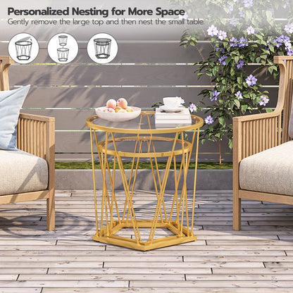 HOOBRO Round Nesting Coffee Table Set of 2, Gold Glass Coffee Table, Stackable Coffee Table for Living Room, Sofa Side Table with Metal Frame, Sofa Tea Table for Small Space
