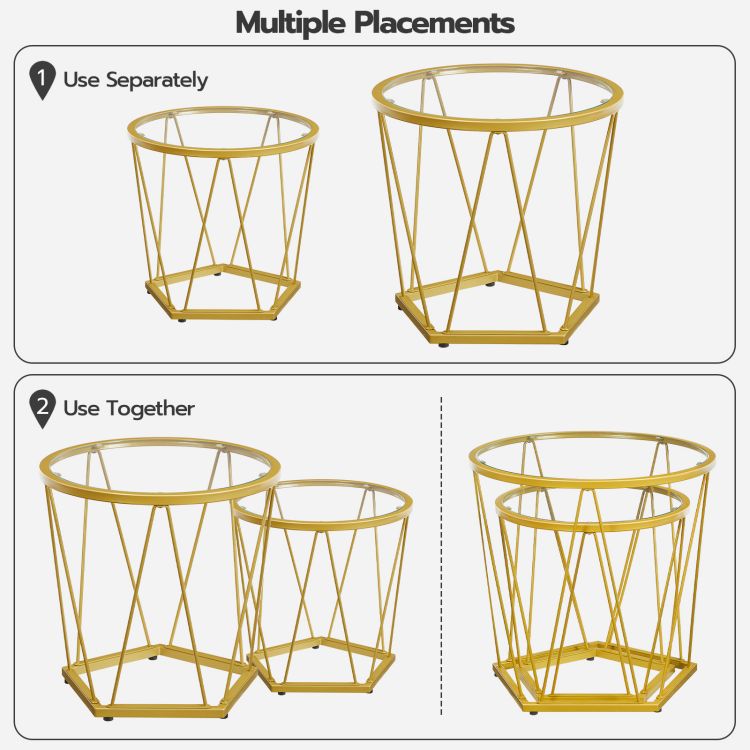 HOOBRO Round Nesting Coffee Table Set of 2, Gold Glass Coffee Table, Stackable Coffee Table for Living Room, Sofa Side Table with Metal Frame, Sofa Tea Table for Small Space