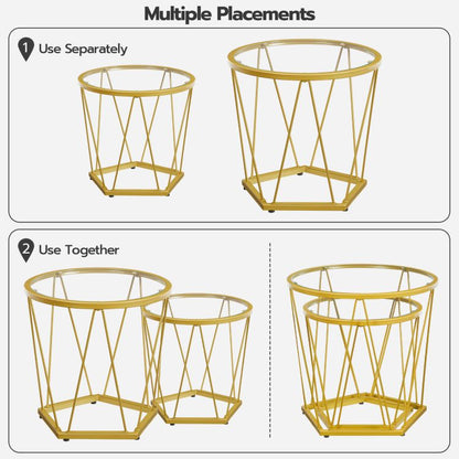 HOOBRO Round Nesting Coffee Table Set of 2, Gold Glass Coffee Table, Stackable Coffee Table for Living Room, Sofa Side Table with Metal Frame, Sofa Tea Table for Small Space