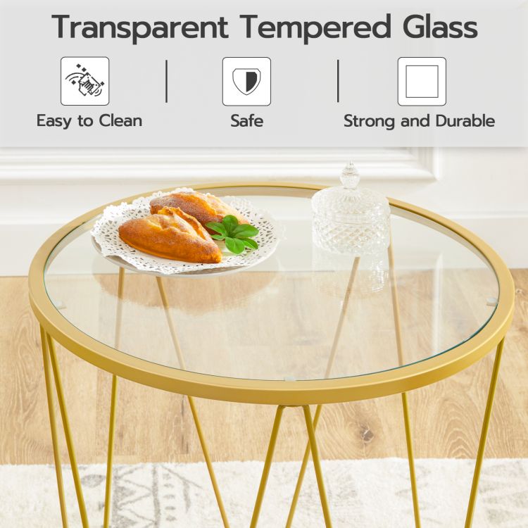 HOOBRO Round Nesting Coffee Table Set of 2, Gold Glass Coffee Table, Stackable Coffee Table for Living Room, Sofa Side Table with Metal Frame, Sofa Tea Table for Small Space