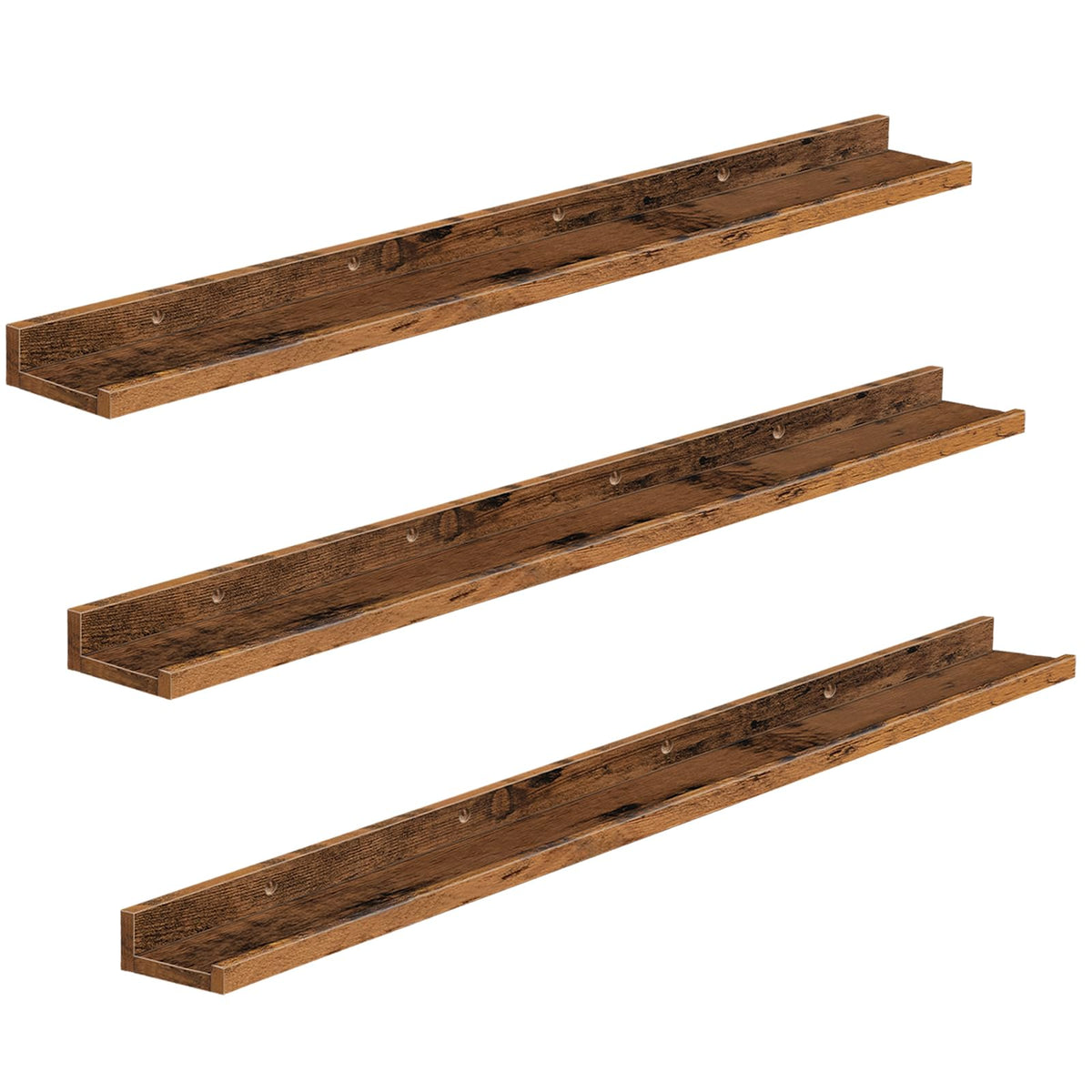 Three wooden shelves of varying lengths on a white background