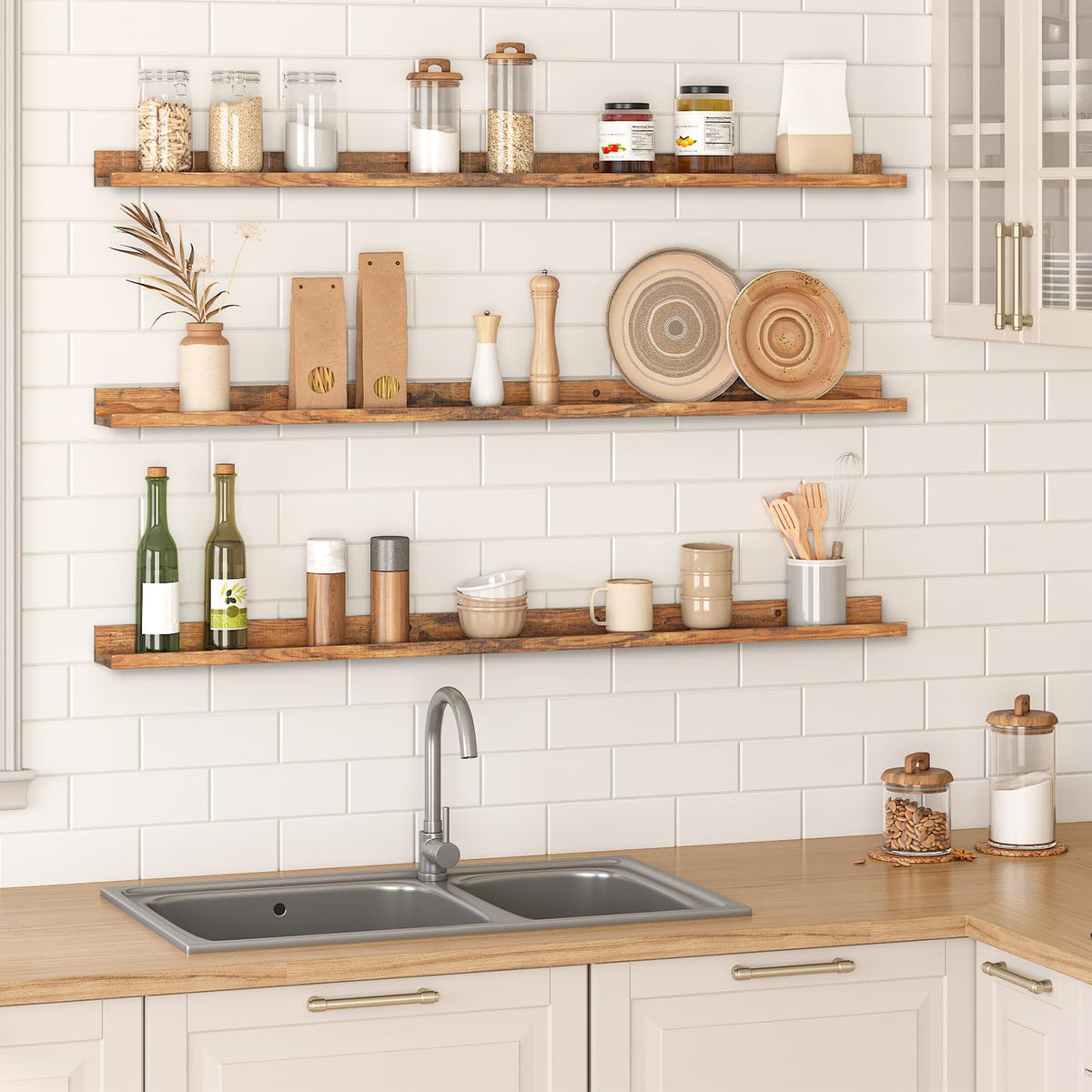 Kitchen with wooden shelves displaying various items against a white tiled wall.
