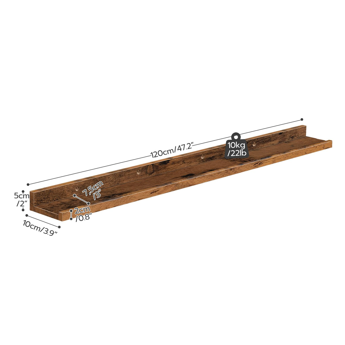 Wooden shelf with measurements on a white background