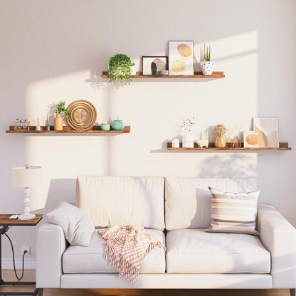 Living room with a white sofa, decorative pillows, and shelves with plants and decor.