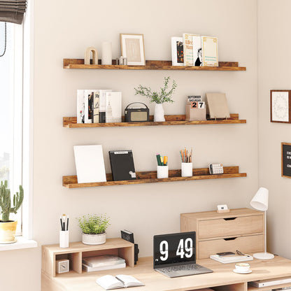 Wooden shelves with decorative items and a desk setup in a room.