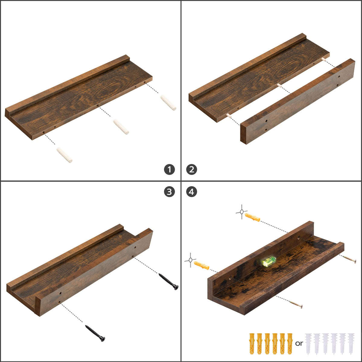 Step-by-step assembly guide for a wooden shelf with hardware illustrations.
