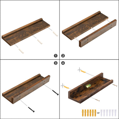 Step-by-step assembly guide for a wooden shelf with hardware illustrations.