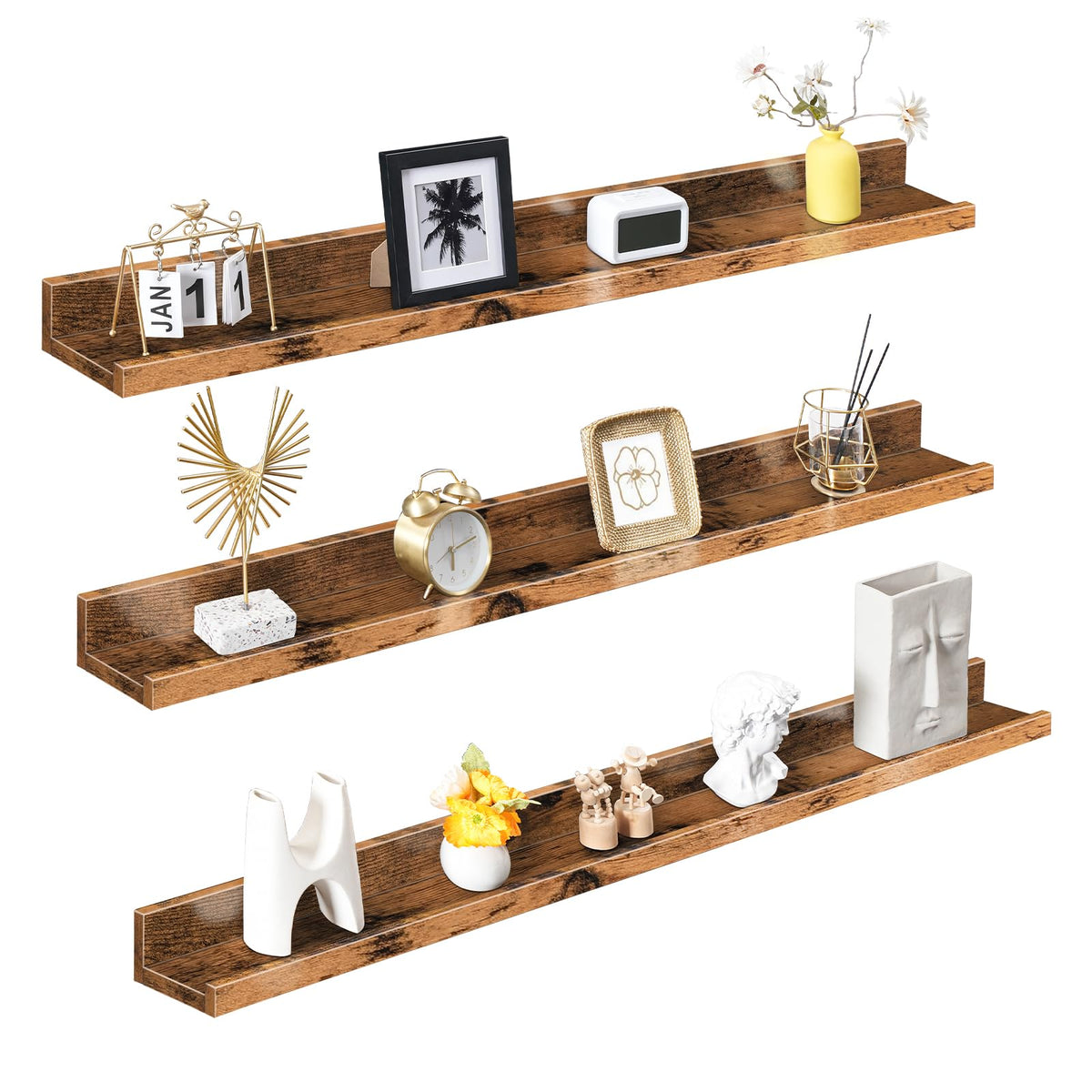 Three wooden shelves with decorative items on a white background