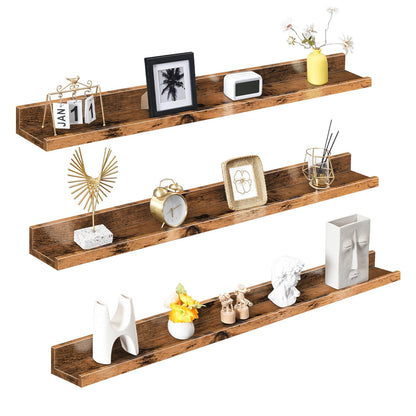 Three wooden shelves with decorative items on a white background