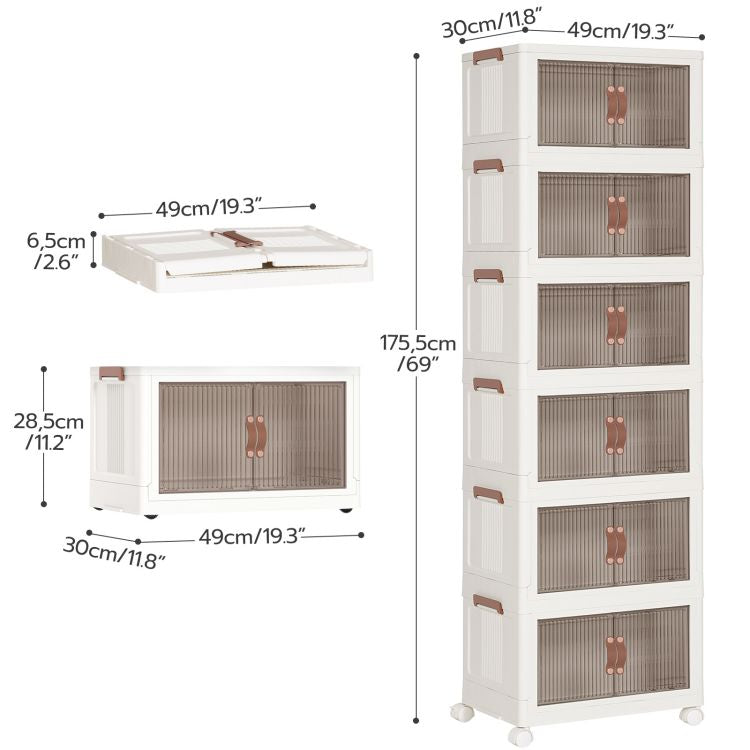 HOOBRO Wardrobe Storage Organiser, Stackable Storage Boxes with Doors, Foldable Plastic Storage Boxes with Wheels, 6 x 41.6L, Kitchen Storage Containers Organizer, for Living Room
