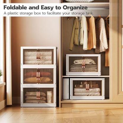 HOOBRO Wardrobe Storage Organiser, Stackable Storage Boxes with Doors, Foldable Plastic Storage Boxes with Wheels, 6 x 41.6L, Kitchen Storage Containers Organizer, for Living Room