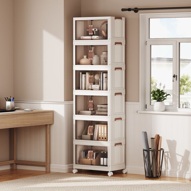 HOOBRO Wardrobe Storage Organiser, Stackable Storage Boxes with Doors, Foldable Plastic Storage Boxes with Wheels, 6 x 41.6L, Kitchen Storage Containers Organizer, for Living Room
