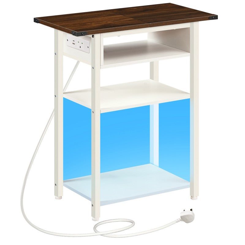 HOOBRO Narrow Bedside Table with Charging Station, 30cm LED Slim Sofa End Side Table for Small Spaces, Nightstand with Outlets for Bedroom, Living Room