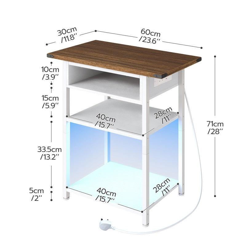 HOOBRO Narrow Bedside Table with Charging Station, 30cm LED Slim Sofa End Side Table for Small Spaces, Nightstand with Outlets for Bedroom, Living Room