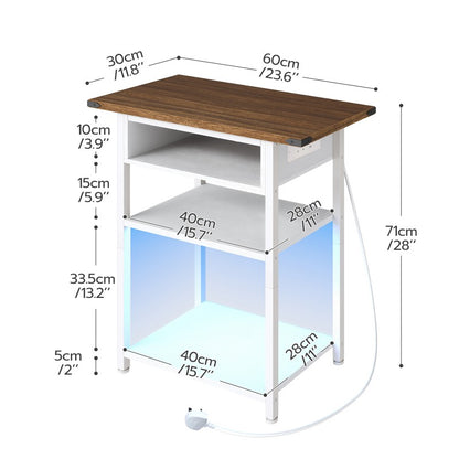 HOOBRO Narrow Bedside Table with Charging Station, 30cm LED Slim Sofa End Side Table for Small Spaces, Nightstand with Outlets for Bedroom, Living Room
