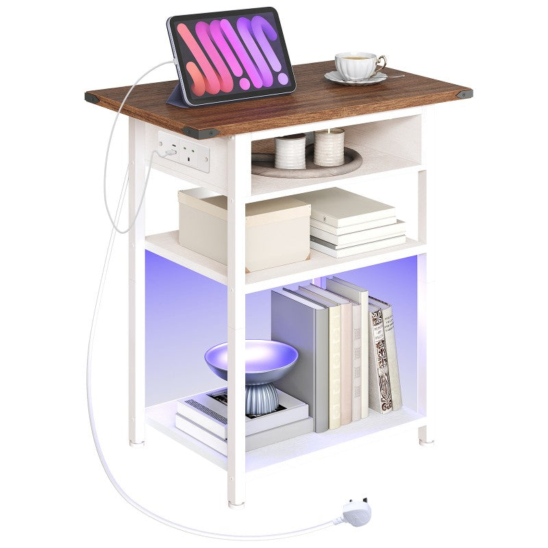 HOOBRO Narrow Bedside Table with Charging Station, 30cm LED Slim Sofa End Side Table for Small Spaces, Nightstand with Outlets for Bedroom, Living Room