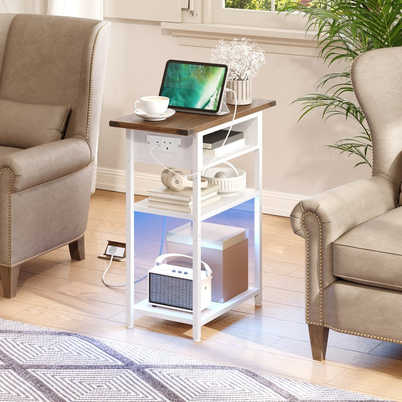 HOOBRO Narrow Bedside Table with Charging Station, 30cm LED Slim Sofa End Side Table for Small Spaces, Nightstand with Outlets for Bedroom, Living Room