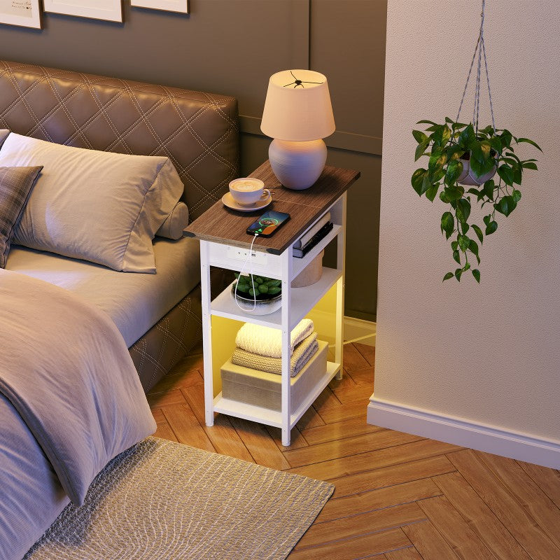 HOOBRO Narrow Bedside Table with Charging Station, 30cm LED Slim Sofa End Side Table for Small Spaces, Nightstand with Outlets for Bedroom, Living Room