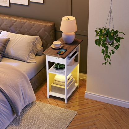 HOOBRO Narrow Bedside Table with Charging Station, 30cm LED Slim Sofa End Side Table for Small Spaces, Nightstand with Outlets for Bedroom, Living Room