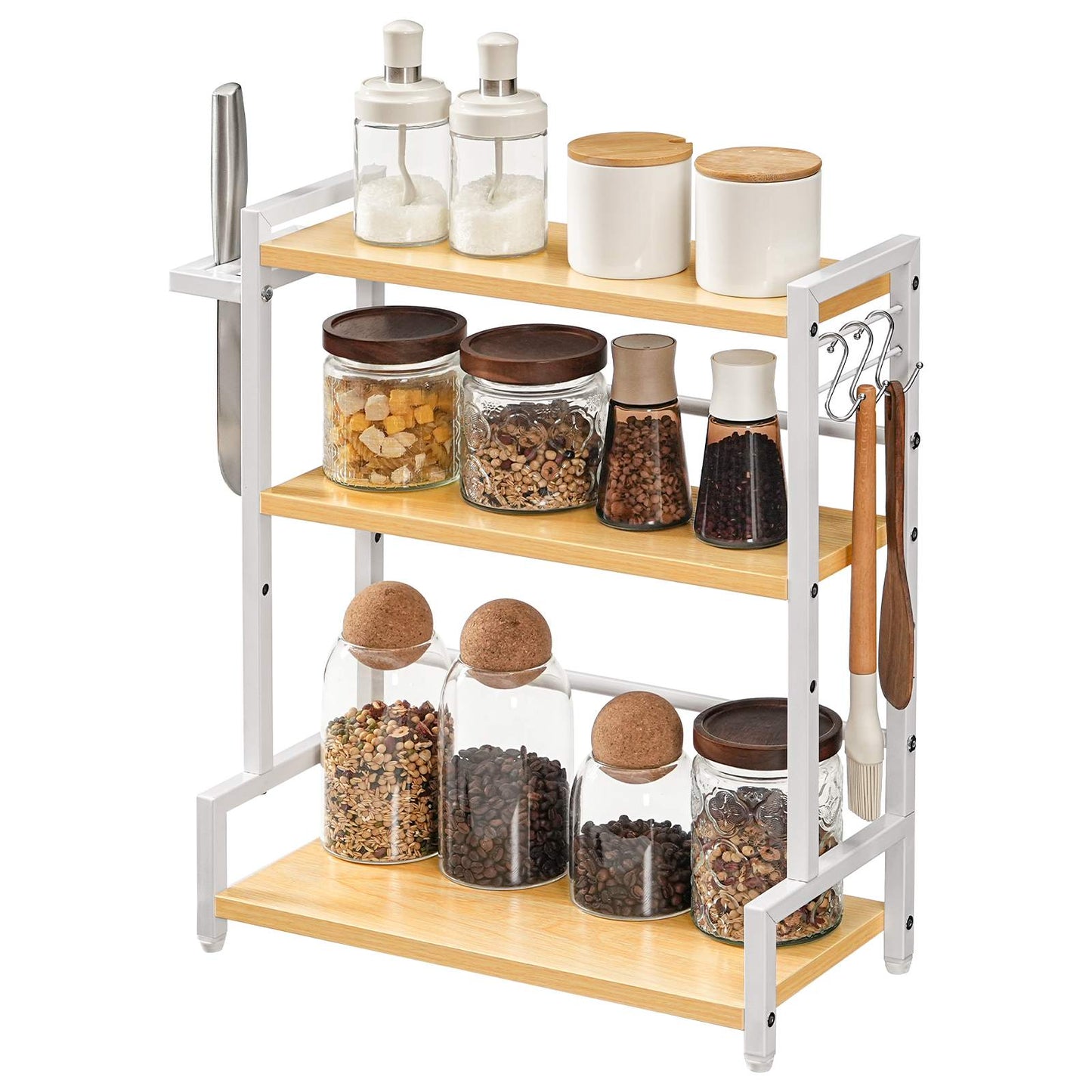 HOOBRO Spice Rack, Countertop Organiser Shelf, Desktop Organiser, Free Standing Desktop Shelve, Kitchen Storage Rack, Space Saving, for Spices, Jars, Oil Bottles, Natural and White EWN01TL01