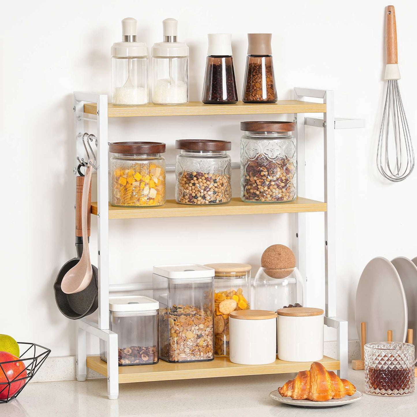 HOOBRO Spice Rack, Countertop Organiser Shelf, Desktop Organiser, Free Standing Desktop Shelve, Kitchen Storage Rack, Space Saving, for Spices, Jars, Oil Bottles, Natural and White EWN01TL01