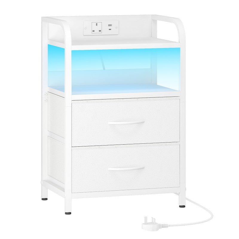 HOOBRO Bedside Table, Nightstand with Charging Station and LED Lights, Side Table with 2 Drawers and 2 Open Shelves, Metal Frame, for Living Room, Bedroom, Study