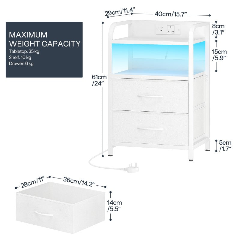 HOOBRO Bedside Table, Nightstand with Charging Station and LED Lights, Side Table with 2 Drawers and 2 Open Shelves, Metal Frame, for Living Room, Bedroom, Study