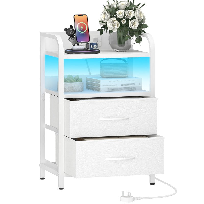 HOOBRO Bedside Table, Nightstand with Charging Station and LED Lights, Side Table with 2 Drawers and 2 Open Shelves, Metal Frame, for Living Room, Bedroom, Study