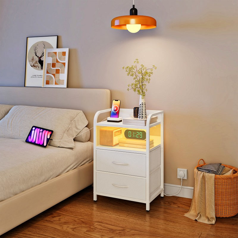 HOOBRO Bedside Table, Nightstand with Charging Station and LED Lights, Side Table with 2 Drawers and 2 Open Shelves, Metal Frame, for Living Room, Bedroom, Study
