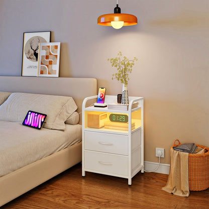 HOOBRO Bedside Table, Nightstand with Charging Station and LED Lights, Side Table with 2 Drawers and 2 Open Shelves, Metal Frame, for Living Room, Bedroom, Study