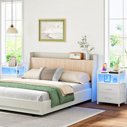 HOOBRO Bedside Table, Nightstand with Charging Station and LED Lights, Side Table with 2 Drawers and 2 Open Shelves, Metal Frame, for Living Room, Bedroom, Study