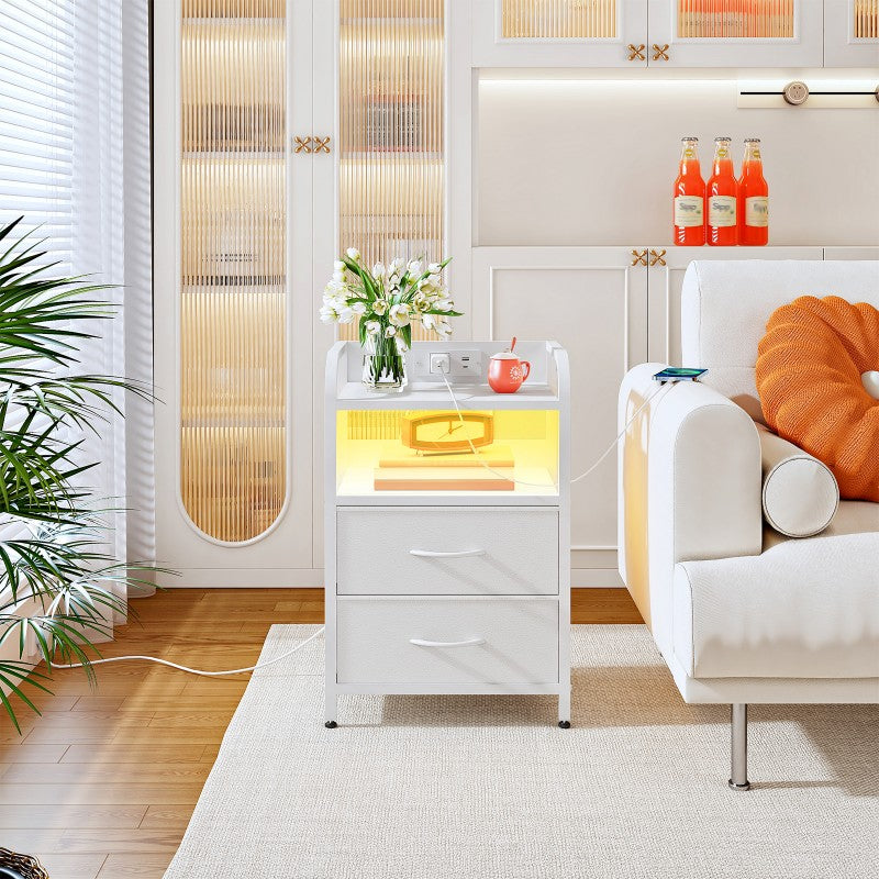 HOOBRO Bedside Table, Nightstand with Charging Station and LED Lights, Side Table with 2 Drawers and 2 Open Shelves, Metal Frame, for Living Room, Bedroom, Study