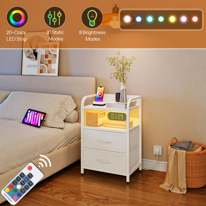 HOOBRO Bedside Table, Nightstand with Charging Station and LED Lights, Side Table with 2 Drawers and 2 Open Shelves, Metal Frame, for Living Room, Bedroom, Study