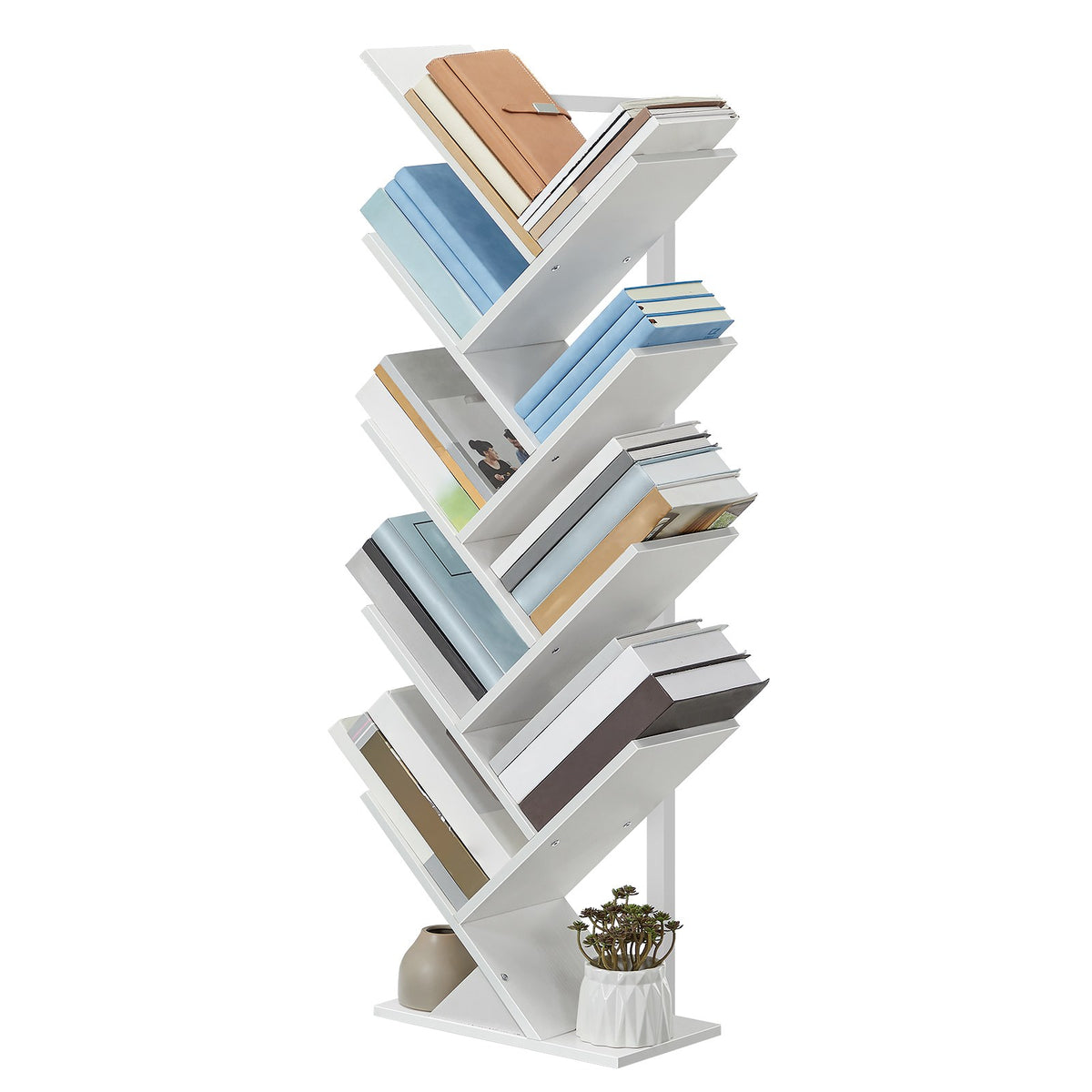 HOOBRO Tree Bookshelf Tall, 9-Tier Floor Standing Book Shelf, Tall Bookcase for CDs Albums, for Living Room, White EWT08SJ01G1