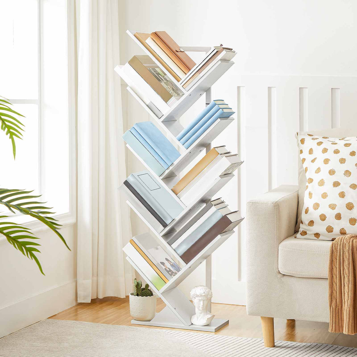 HOOBRO Tree Bookshelf Tall, 9-Tier Floor Standing Book Shelf, Tall Bookcase for CDs Albums, for Living Room, White EWT08SJ01G1