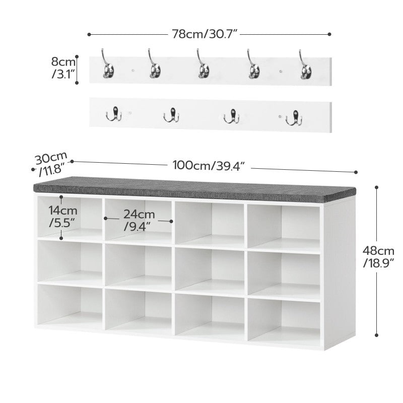 HOOBRO Shoe Storage Bench with Cushion and Coat Hooks, Shoe Rack Bench with Padded Seat, 80 cm Coat Rack for Hallway, 9 Compartments, Storage Cabinet for Bedroom, Living Room
