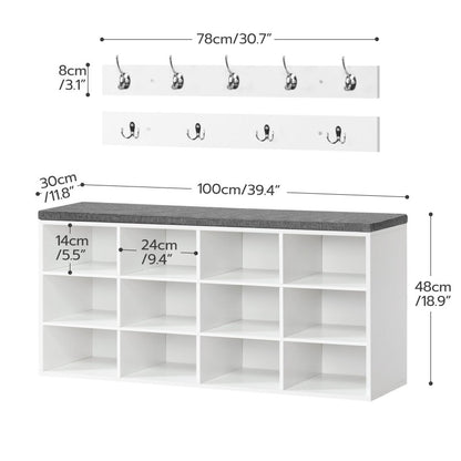 HOOBRO Shoe Storage Bench with Cushion and Coat Hooks, Shoe Rack Bench with Padded Seat, 80 cm Coat Rack for Hallway, 9 Compartments, Storage Cabinet for Bedroom, Living Room