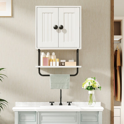 HOOBRO Bathroom Cabinet, Bathroom Wall Cabinet with Double Doors, Adjustable Shelves and Towel Bar, Wooden Storage Cupboard, Wall Mounted Towel Storage Organizer for Kitchen