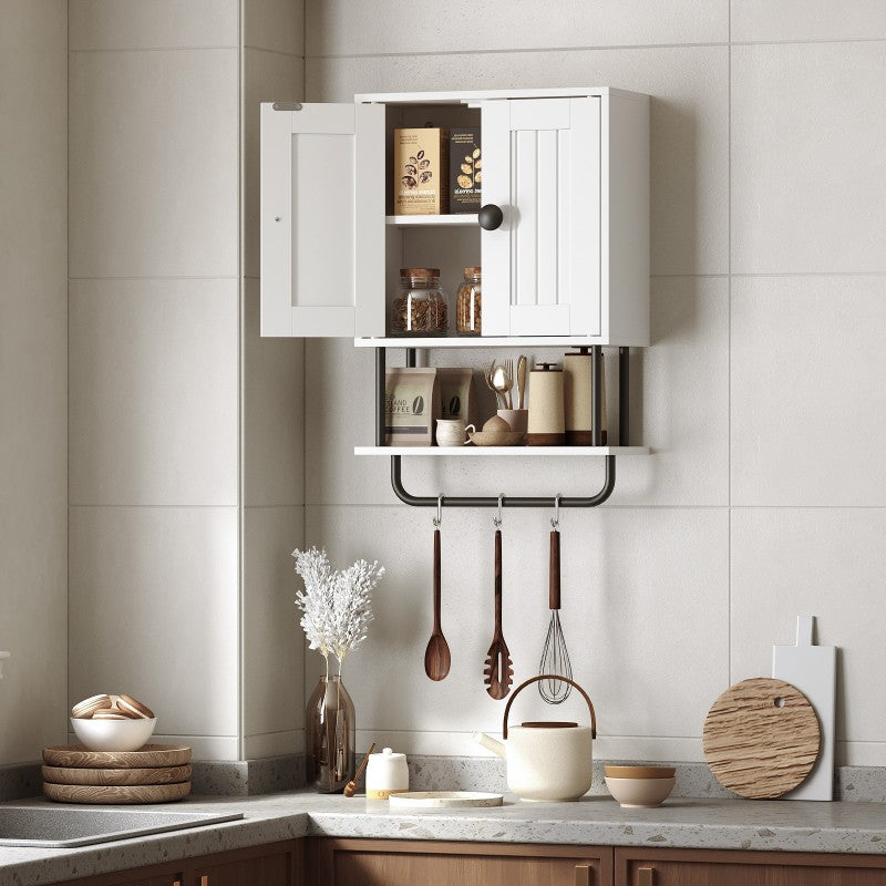 HOOBRO Bathroom Cabinet, Bathroom Wall Cabinet with Double Doors, Adjustable Shelves and Towel Bar, Wooden Storage Cupboard, Wall Mounted Towel Storage Organizer for Kitchen